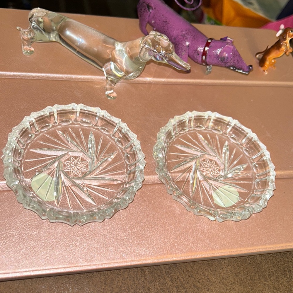 Vintage Bohemia Glass set of 2 Crystal Pinwheel coasters, made in Czechoslovakia